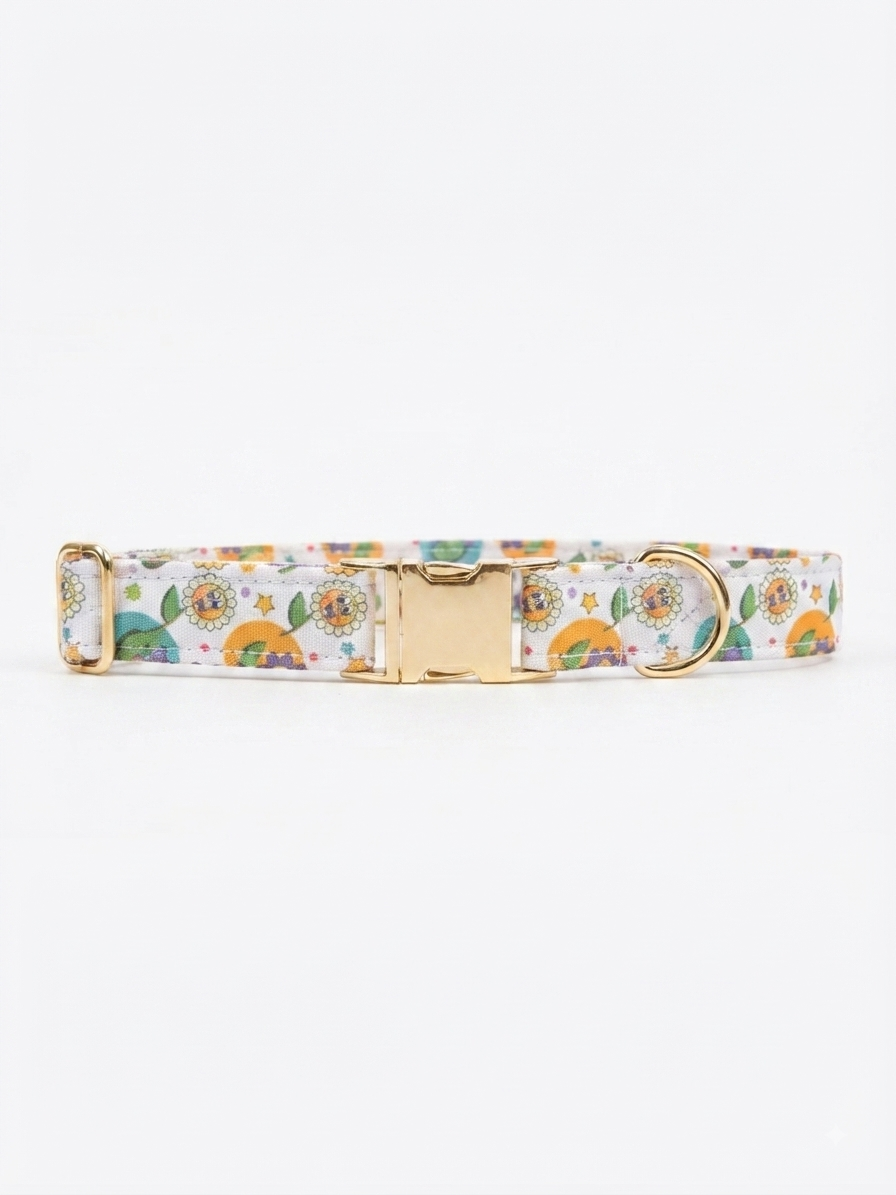 LuckyPaws floral dog collar with a detachable bow tie, featuring a colorful floral pattern and adjustable strap for pets.