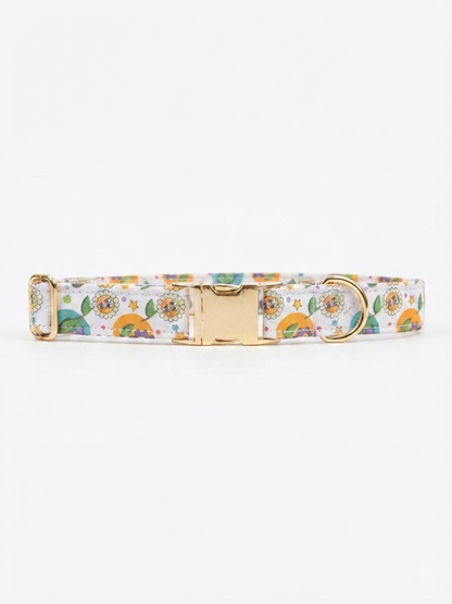 LuckyPaws floral dog collar with a detachable bow tie, featuring a colorful floral pattern and adjustable strap for pets.
