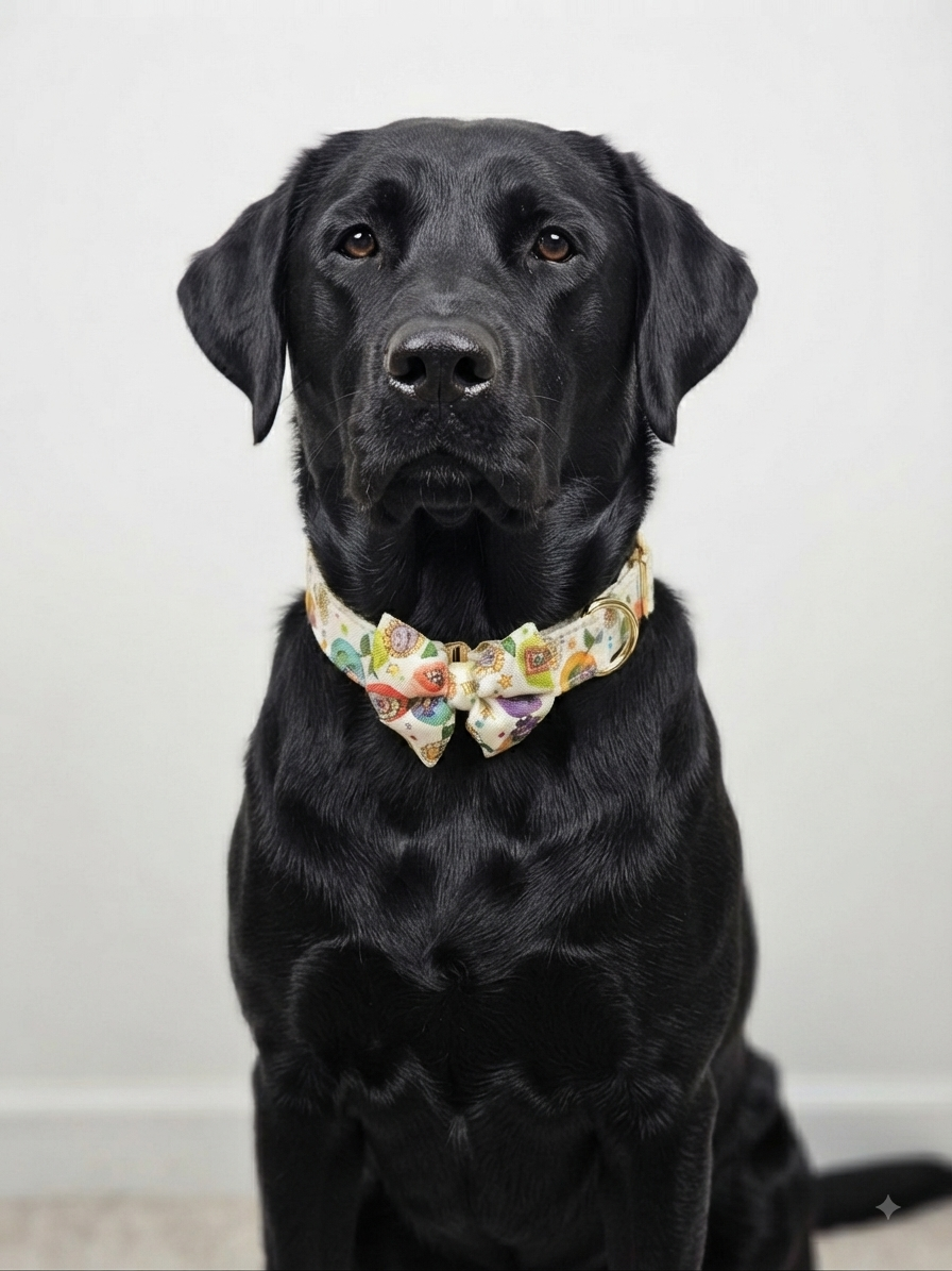 LuckyPaws floral pet collar with a detachable bow tie, featuring a colorful floral design and adjustable strap for pets.