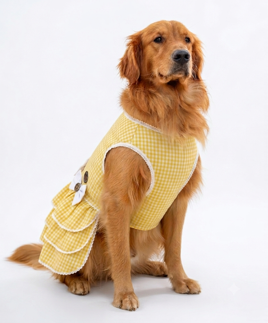Yellow ethnic frock for dogs by LuckyPaws, featuring intricate design and traditional style in a vibrant yellow color.