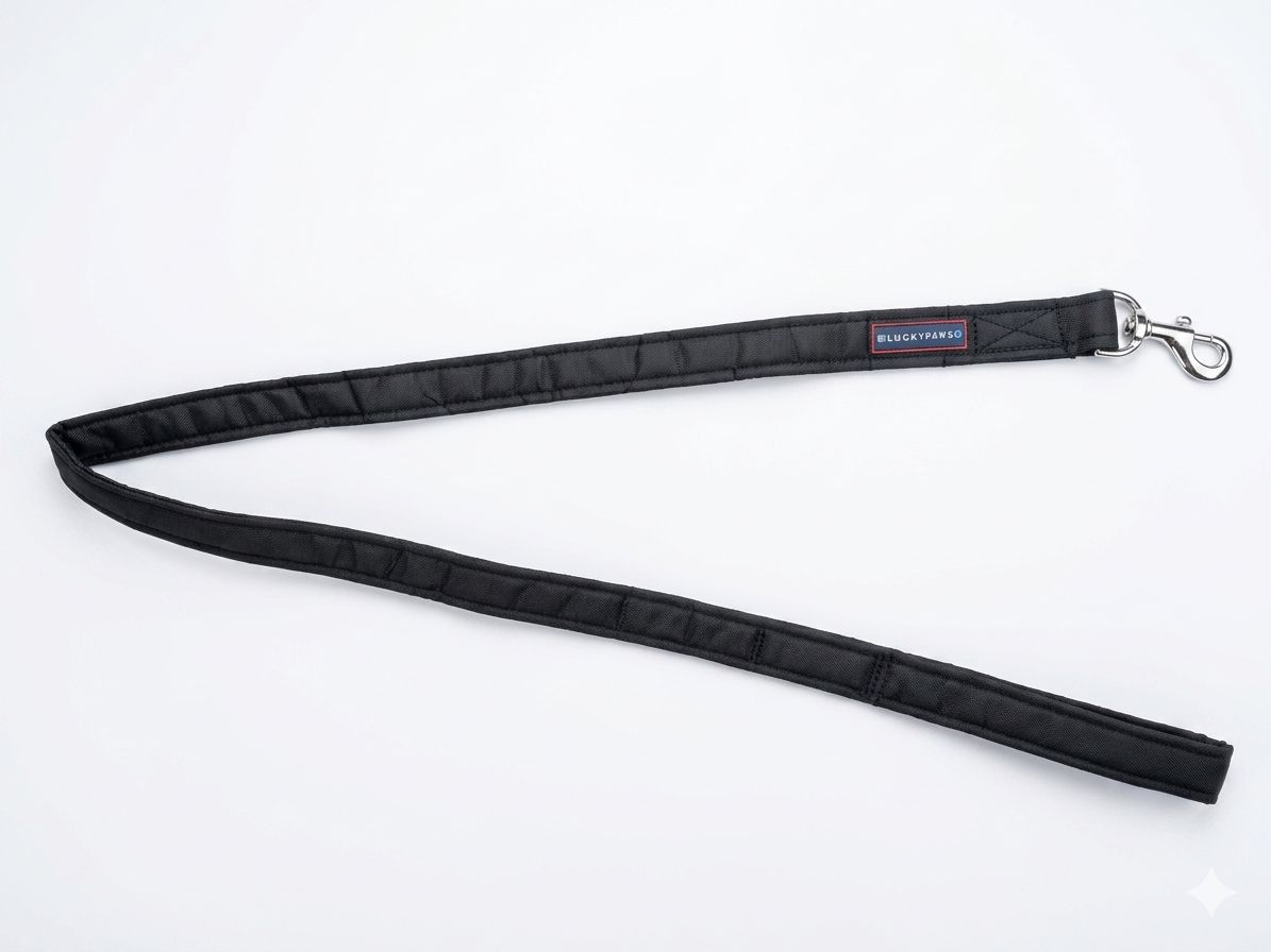 Black LuckyPaws high-strength dog leash with durable material and secure clasp, designed for outdoor walks and active pets.