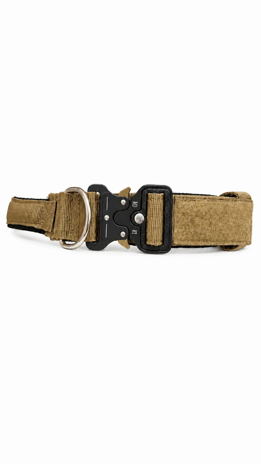 LuckyPaws personalized high strength military brown dog collar with engraved name tag on durable nylon strap.
