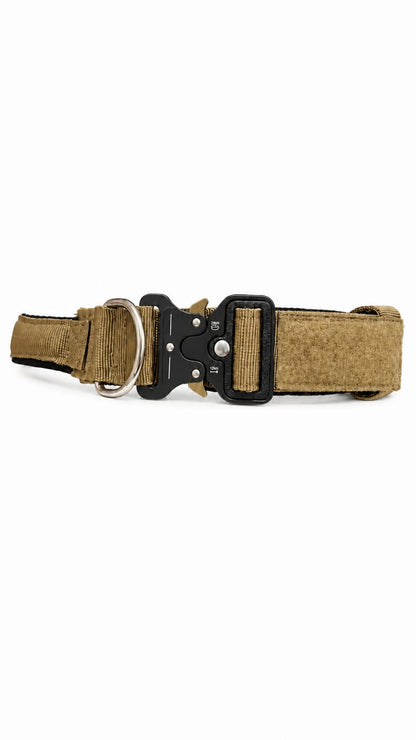 LuckyPaws personalized high strength military brown dog collar with engraved name tag on durable nylon strap.