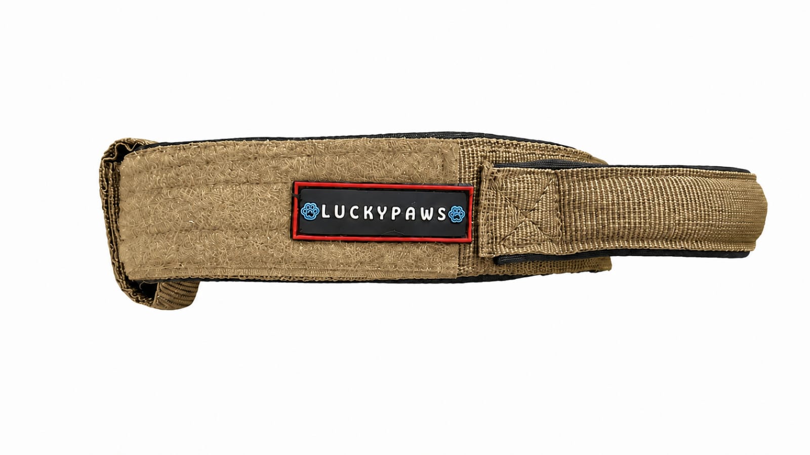 LuckyPaws personalized high-strength military brown dog collar with engraved name tag and sturdy buckle.