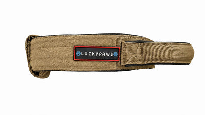 LuckyPaws personalized high-strength military brown dog collar with engraved name tag and sturdy buckle.