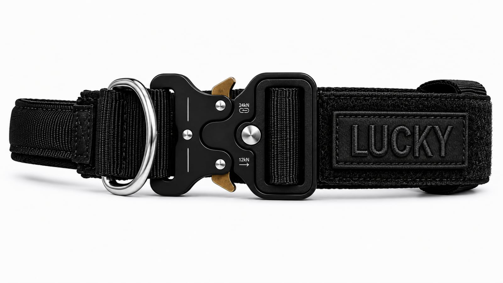 Black LuckyPaws Personalized High Strength Dog Collar with custom engraving, durable nylon material, and adjustable fit.