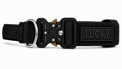 Black LuckyPaws Personalized High Strength Dog Collar with custom engraving, durable nylon material, and adjustable fit.