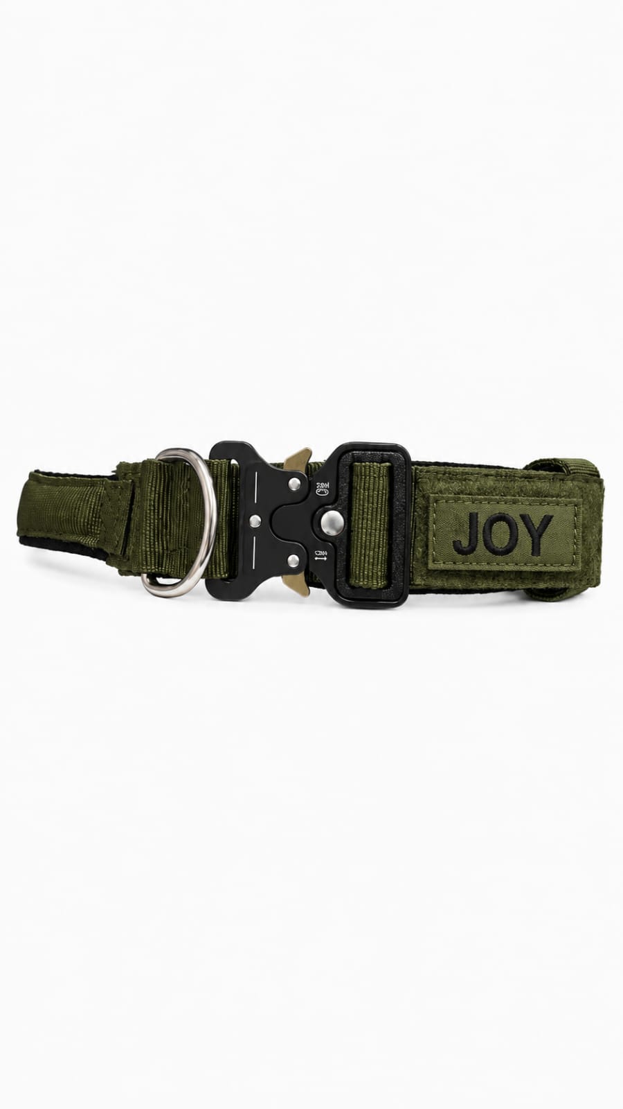 LuckyPaws personalized high-strength dog collar in olive green with custom engraving, sturdy and stylish for pets.