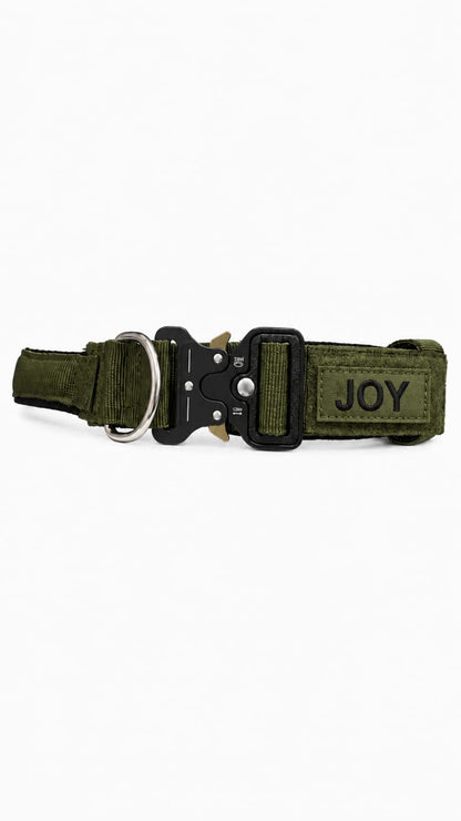 LuckyPaws personalized high-strength dog collar in olive green with custom engraving, sturdy and stylish for pets.