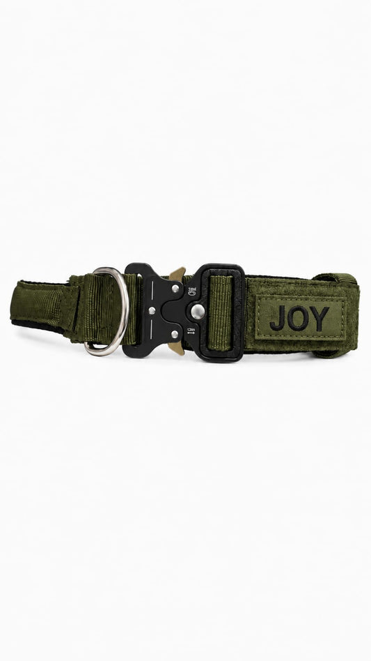 LuckyPaws personalized high-strength dog collar in olive green with custom engraving, sturdy and stylish for pets.