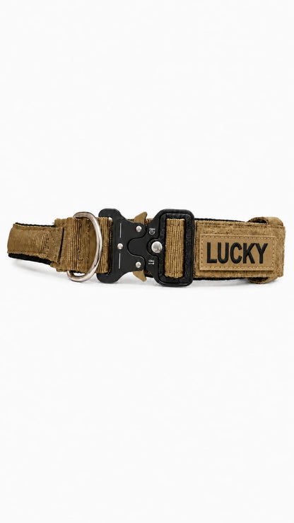 LuckyPaws personalized high strength dog collar in military brown with custom engraving, sturdy and stylish for active pets.