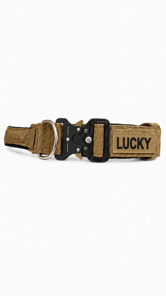 LuckyPaws personalized high strength dog collar in military brown with custom engraving, sturdy and stylish for active pets.