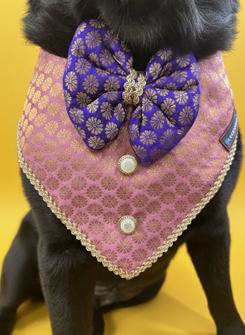LuckyPaws Ethnic Pink Bandana With Purple Boe
